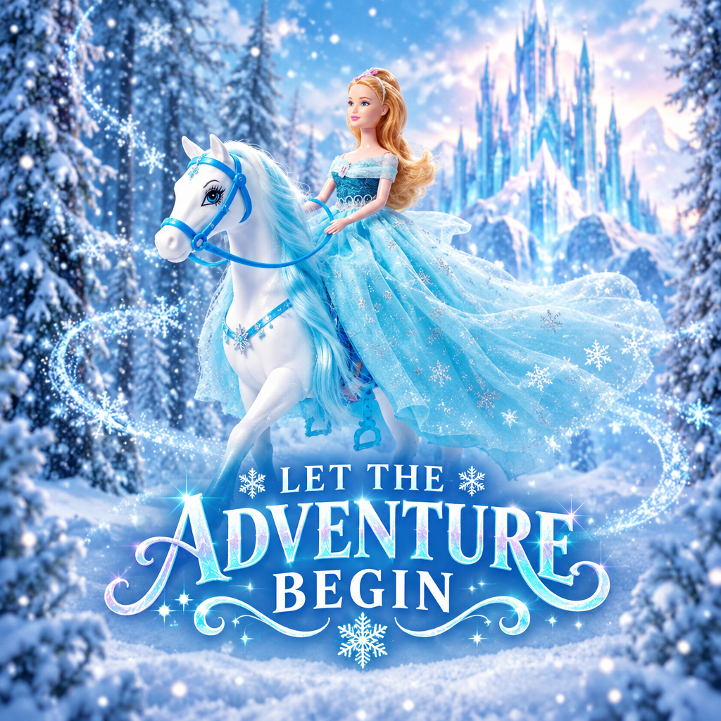 Ice Princess doll riding white horse lifestyle scene