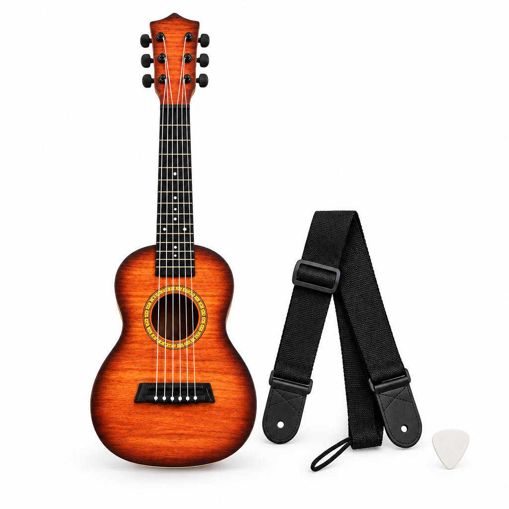 Kids 6-string classical beginner guitar with strap and plectrum on white background