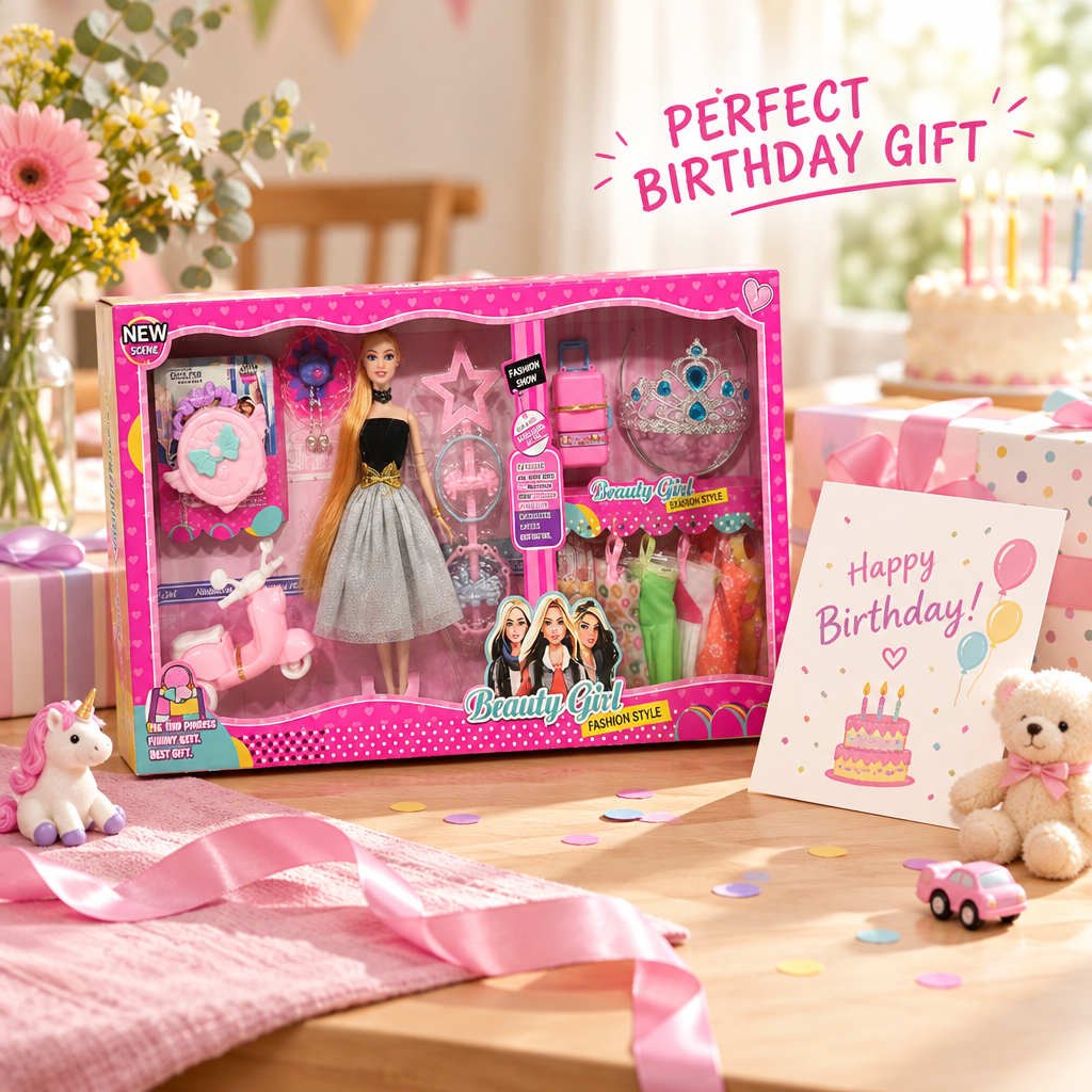 Fashion doll gift set for girls aged 3+ with pink gift box