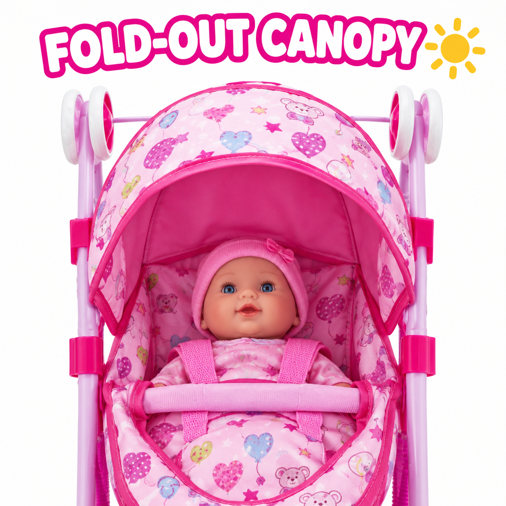 Kids doll pram fold-out canopy