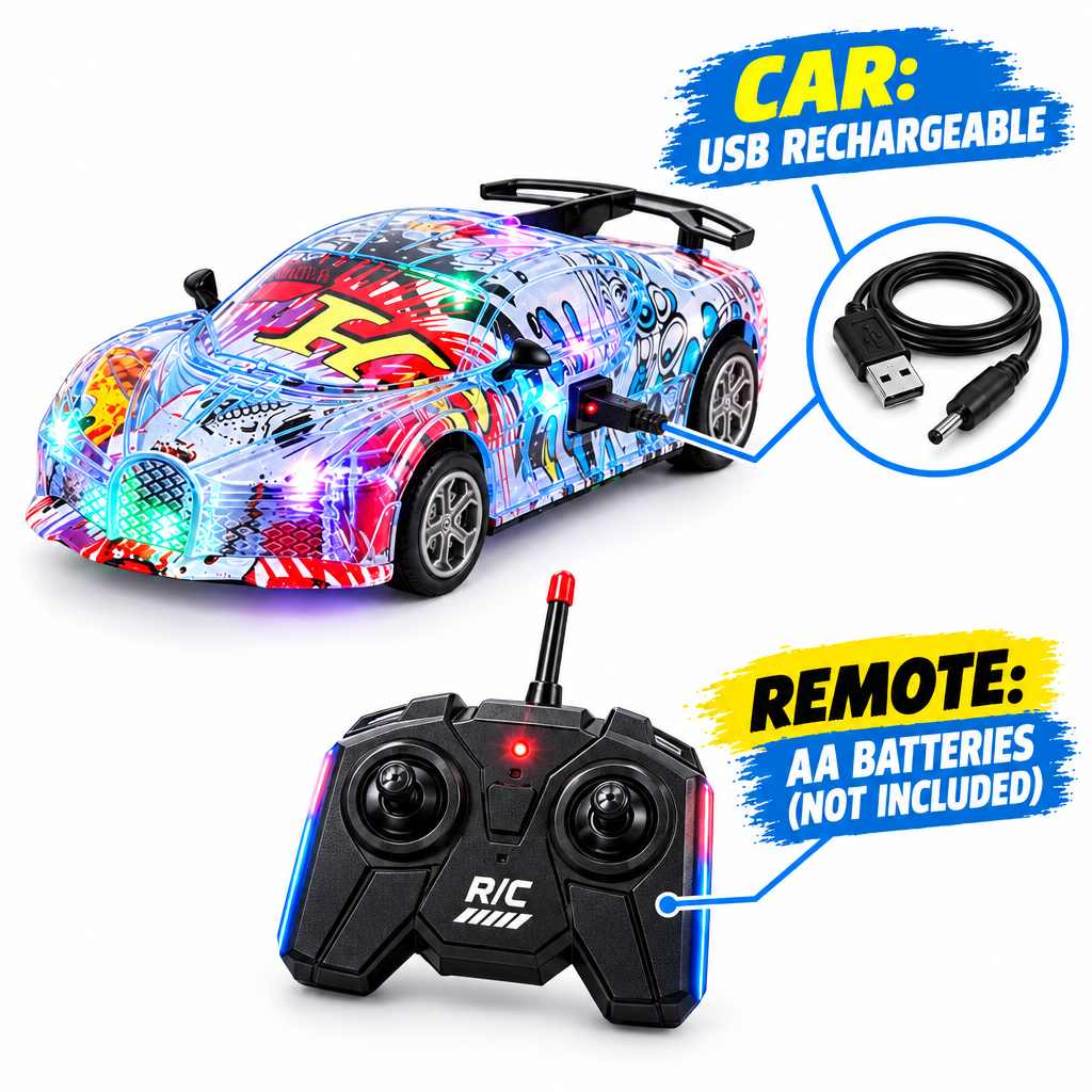 USB rechargeable RC car; remote uses AA batteries not included