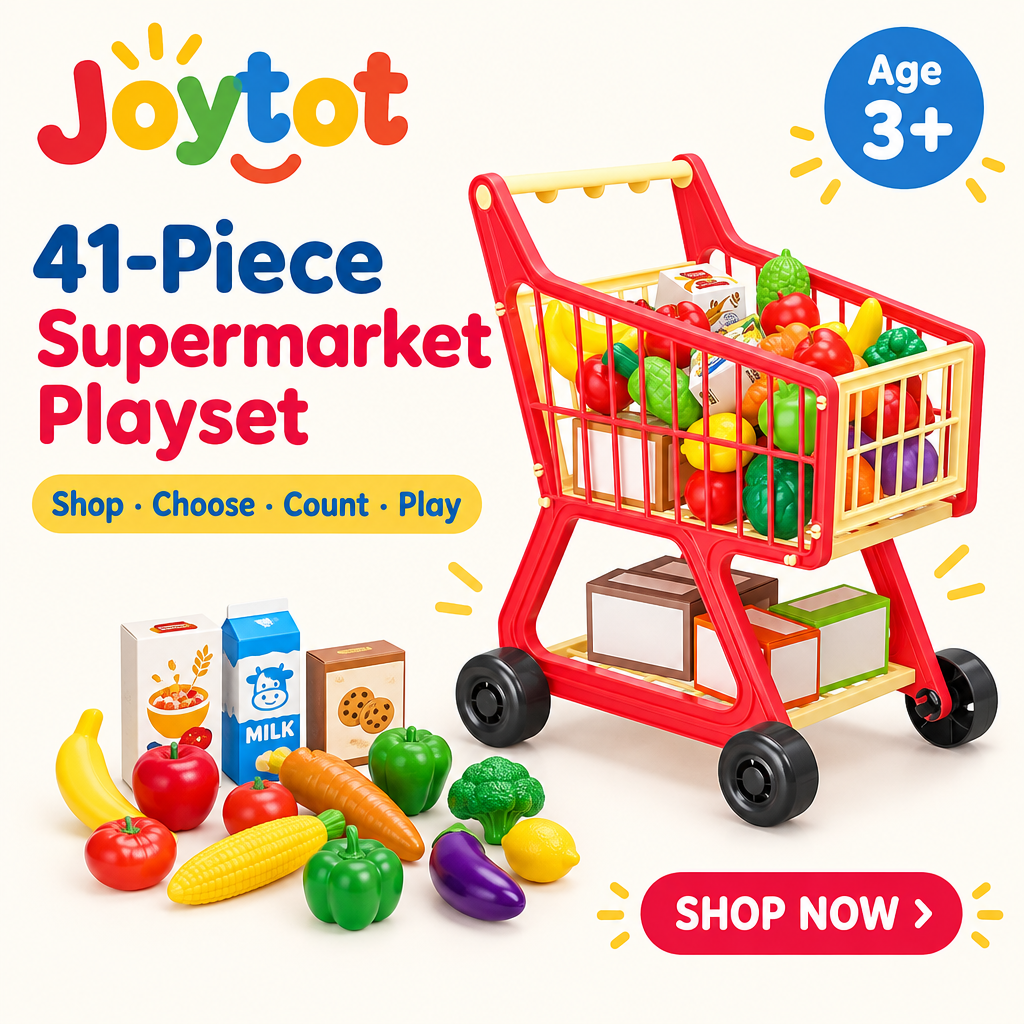 41 piece kids supermarket pretend grocery playset with shop choose count and play message