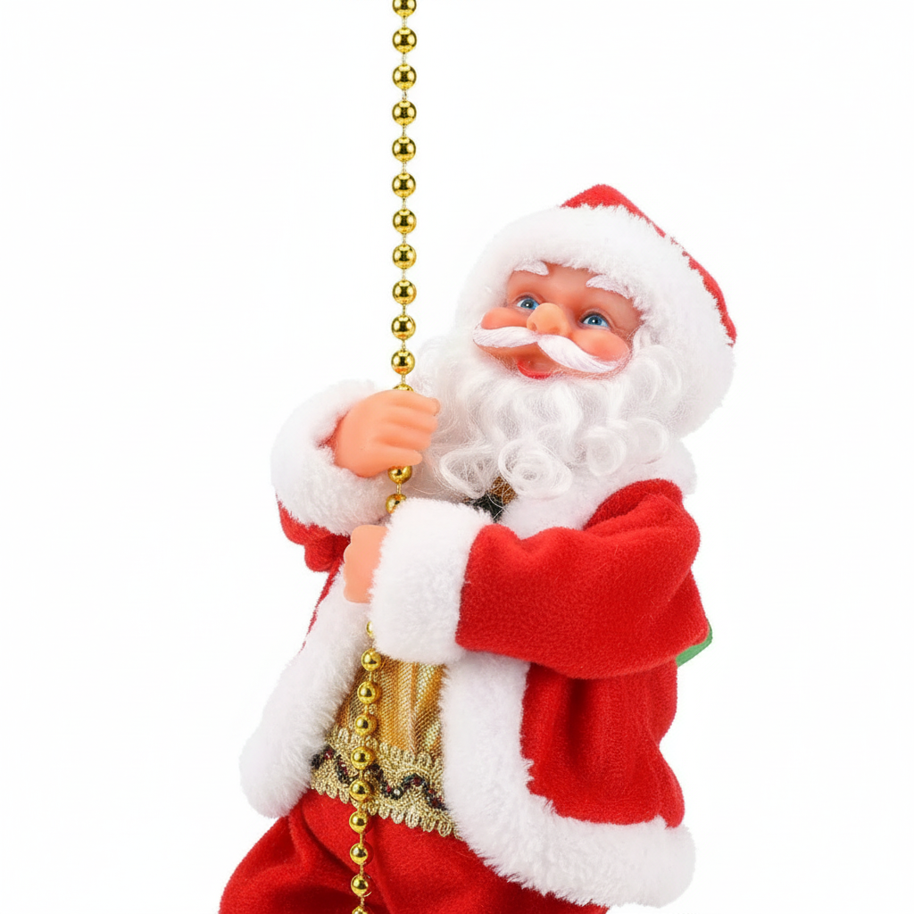 Close-up of red Santa climbing on a gold bead chain with white trim, green accent and bell
