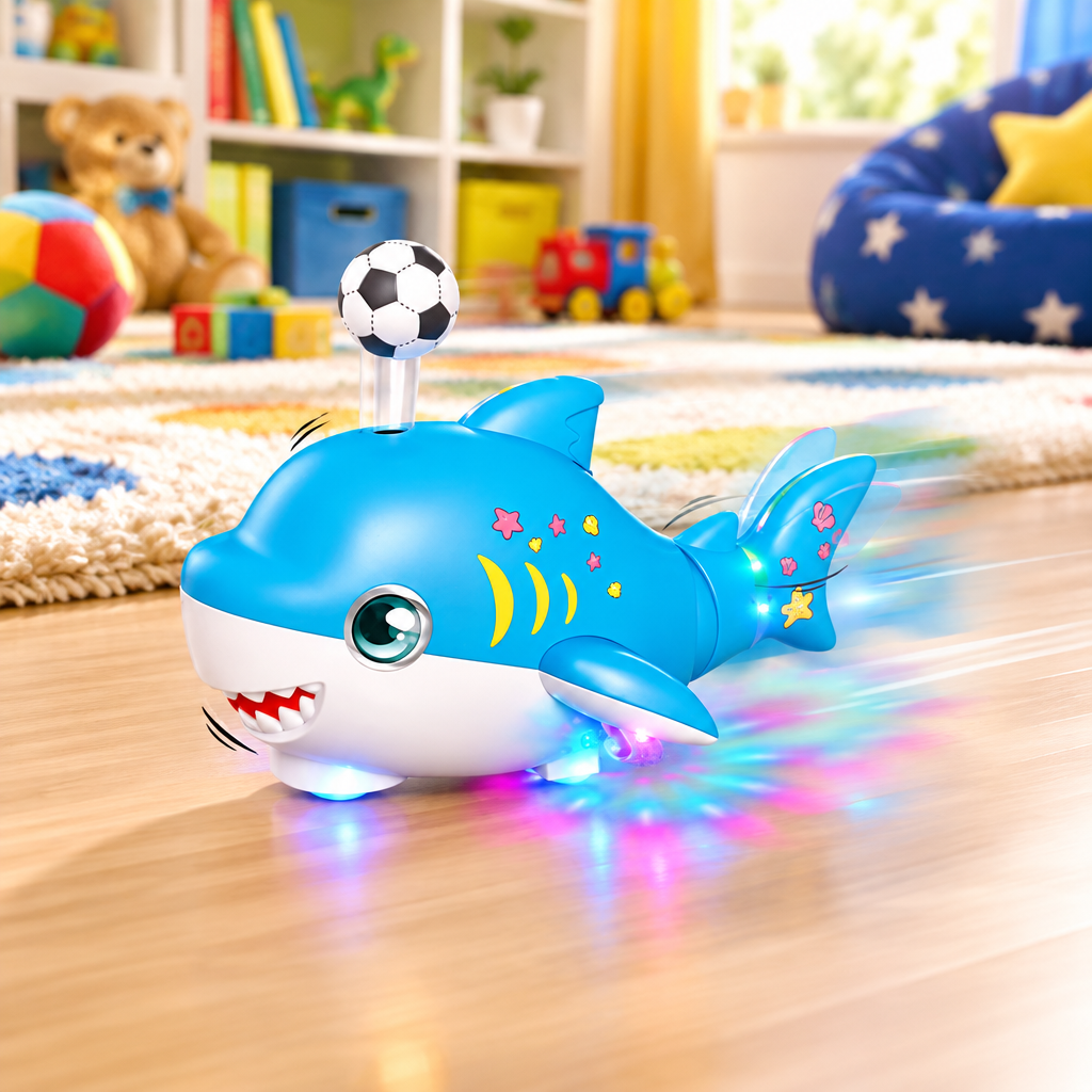 Child playing with a blue moving shark toy during indoor play