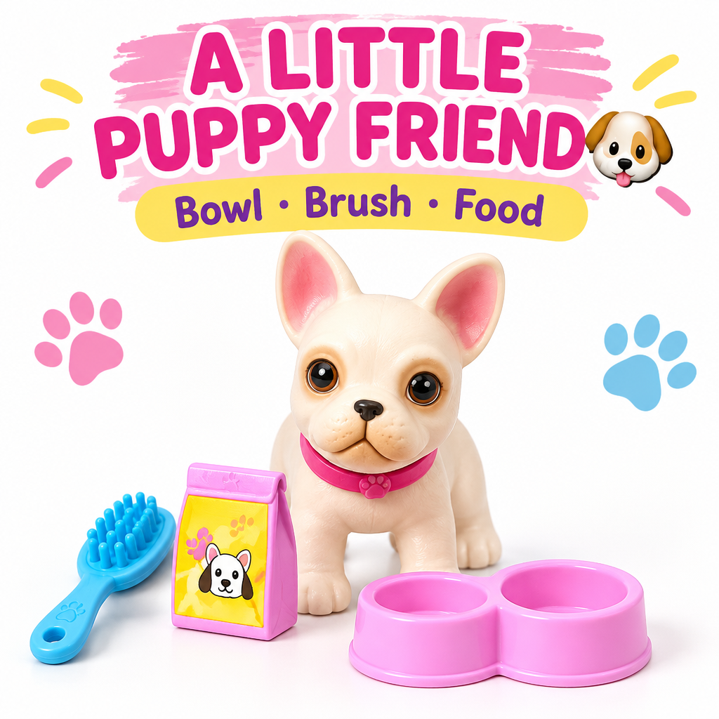 French Bulldog puppy accessory with bowl brush and food