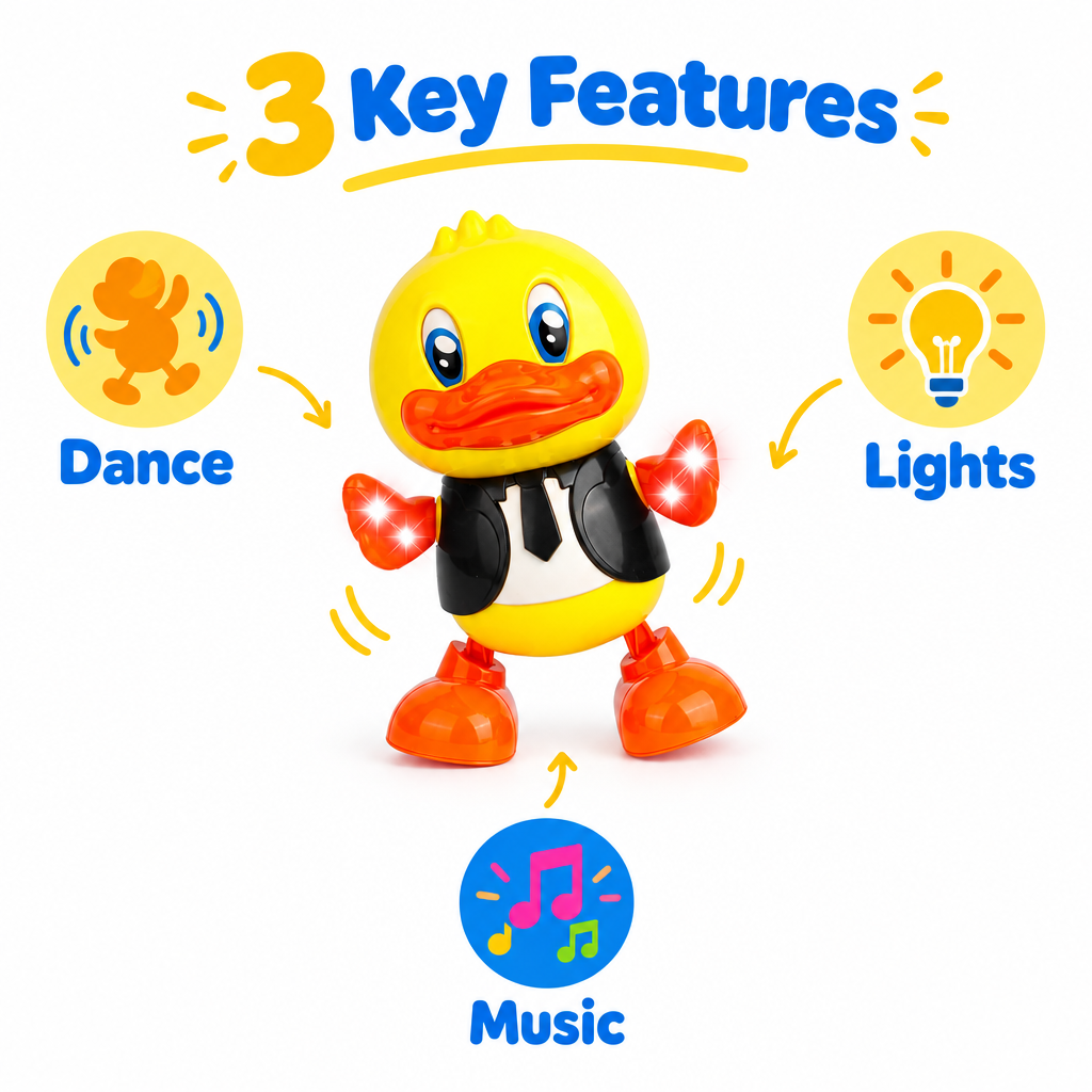 Dancing duck toy features: dance, lights and music