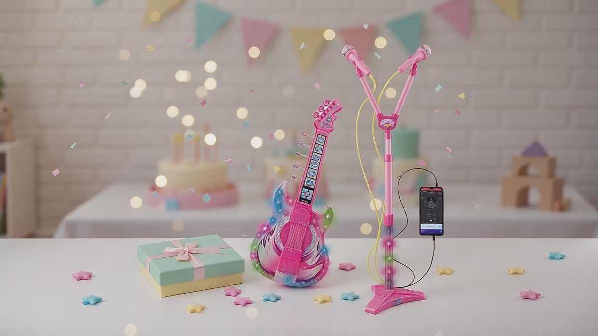 Kids Guitar & Microphone Set with Stand | Light-Up Karaoke Musical Toy for Boys & Girls 3+
