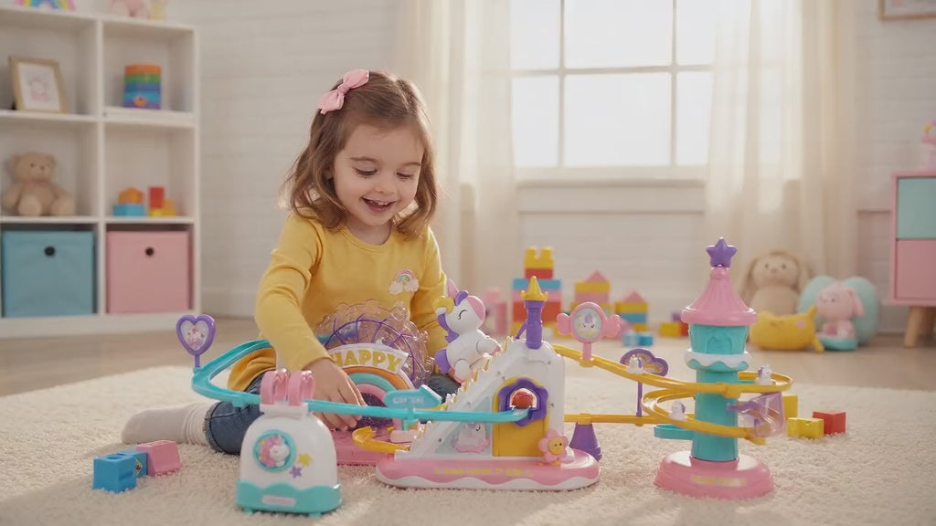 Unicorn Castle Slide Toy for Kids – Automatic Double Track, Lights & Music, Age 3+