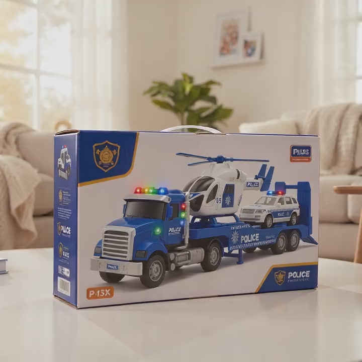 Police Transporter Truck Toy Set with Helicopter & Police Car | Age 3+