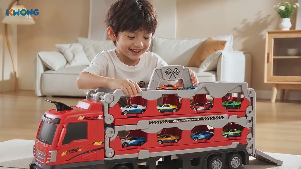 Kids Race Track Carrier Truck with 8 Alloy Cars – 2.1M Foldable Track & Ejection Launcher | Age 3+