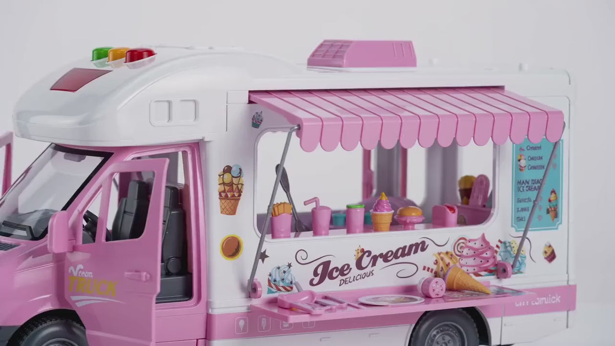 Kids Ice Cream Van Toy with Lights & Sound – Pretend Play Food Truck with Opening Doors & Fold-Out Awning | Age 3+